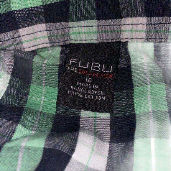 Fubu The Collection Boys Green Checkered Button Up Shirt Size 10 Cotton Casual - Picture 4 of 4